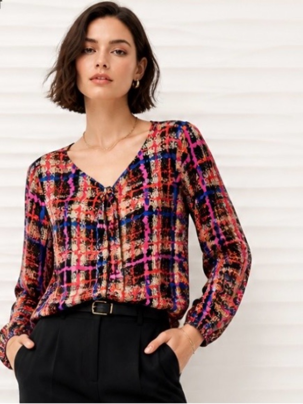 J CREW Collection Bow Blouse In Electric Plaid Silk Tie Blue Black Long Sleeves